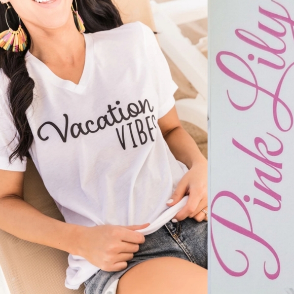 Pink Lily Tops - VACATION VIBES V-NECK GRAPHIC TEE